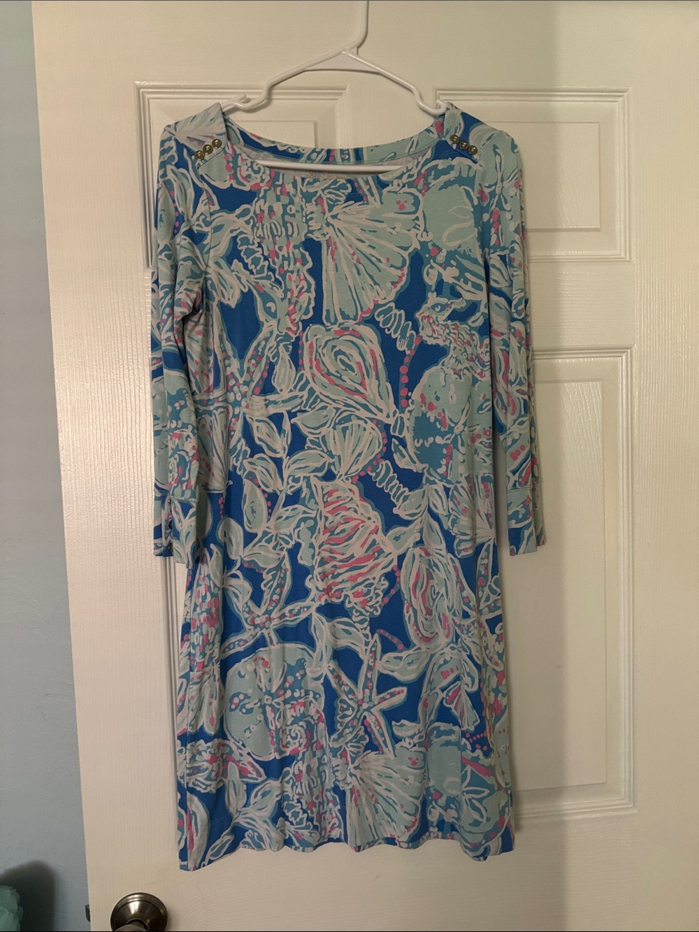 Lilly Pulitzer Blue Shell & Coral Print Long-Sleeve Shift Dress